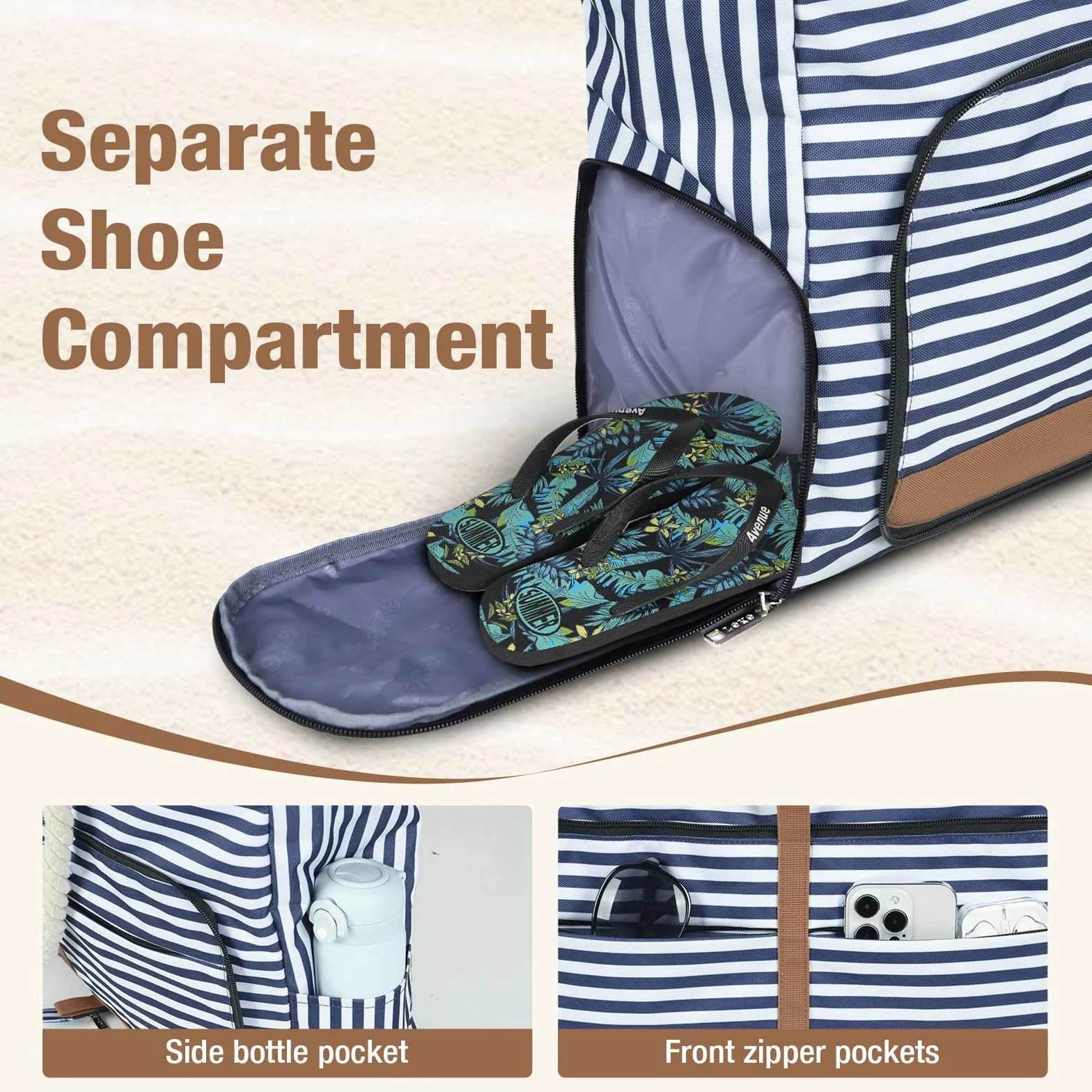 Borsa Spiaggia Donna Pieghevole, Borsa Mare Grande XXL Famiglia con Scomparto Scarpe Separato, Impermeabile Shopping Borsa Tote Bag con Cerniera per Spiaggia Viaggio Sportiva, Strisce