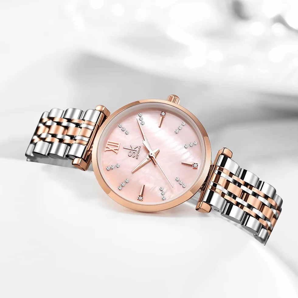 SHENGKE SK Classic Donne Orologi Moda Donne Dress Watch Solido Acciaio Inox Band Cinturino in Vera Pelle
