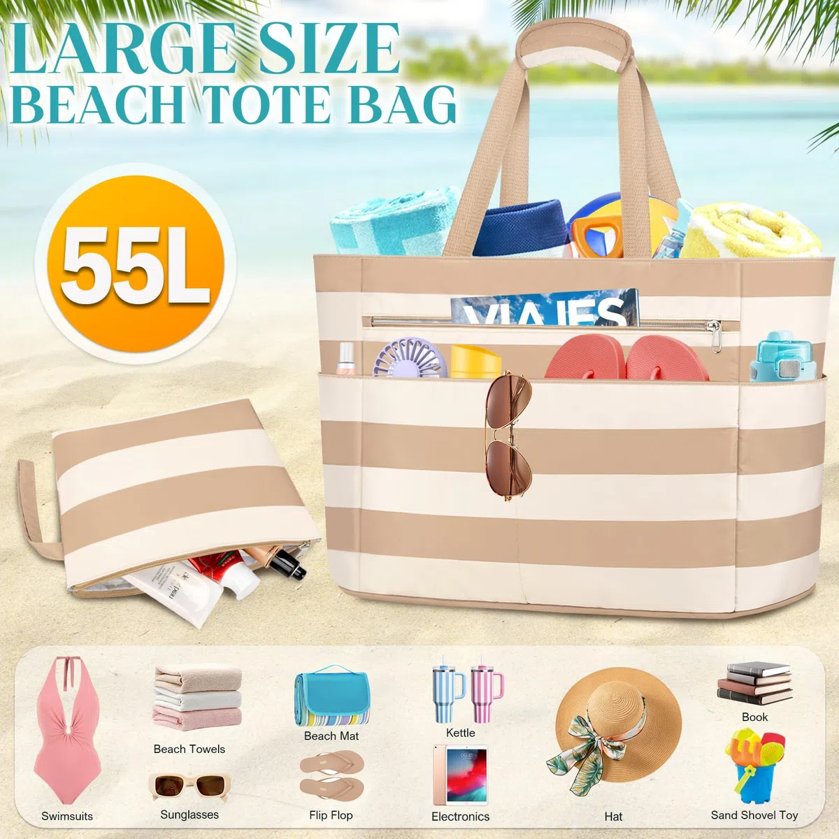 Borsa Spiaggia Donna Grande XXL Famiglia Borsa Mare Impermeabile Borsa Piscina Beach Tote Bag Pieghevole Borse da Viaggio Tracolla Borse da Spiaggia con Cerniera & Multicomparto