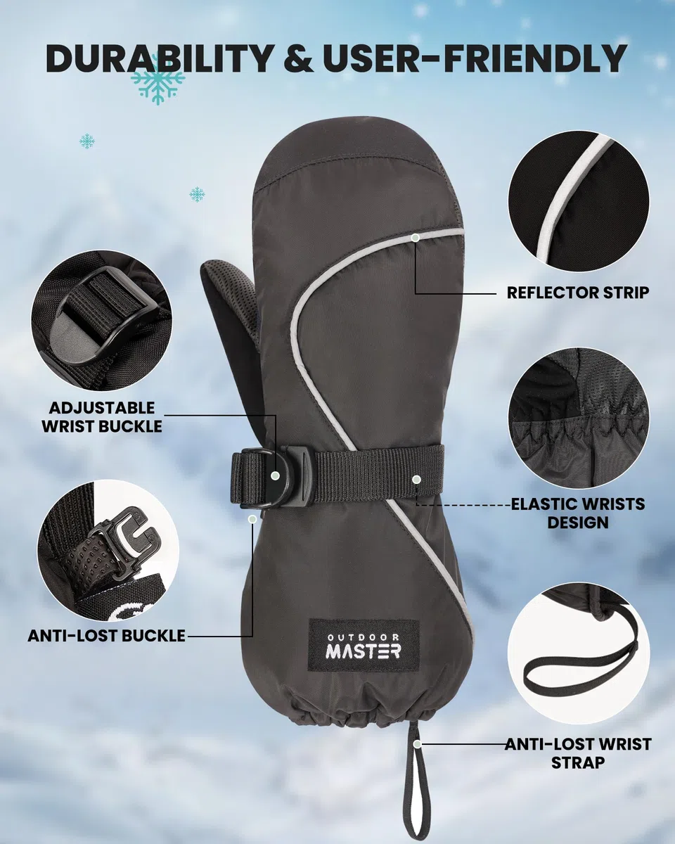 OutdoorMaster Guanti da sci per bambini, guanti da sci invernali impermeabili per ragazzi e ragazze, per sci, snowboard, sport invernali