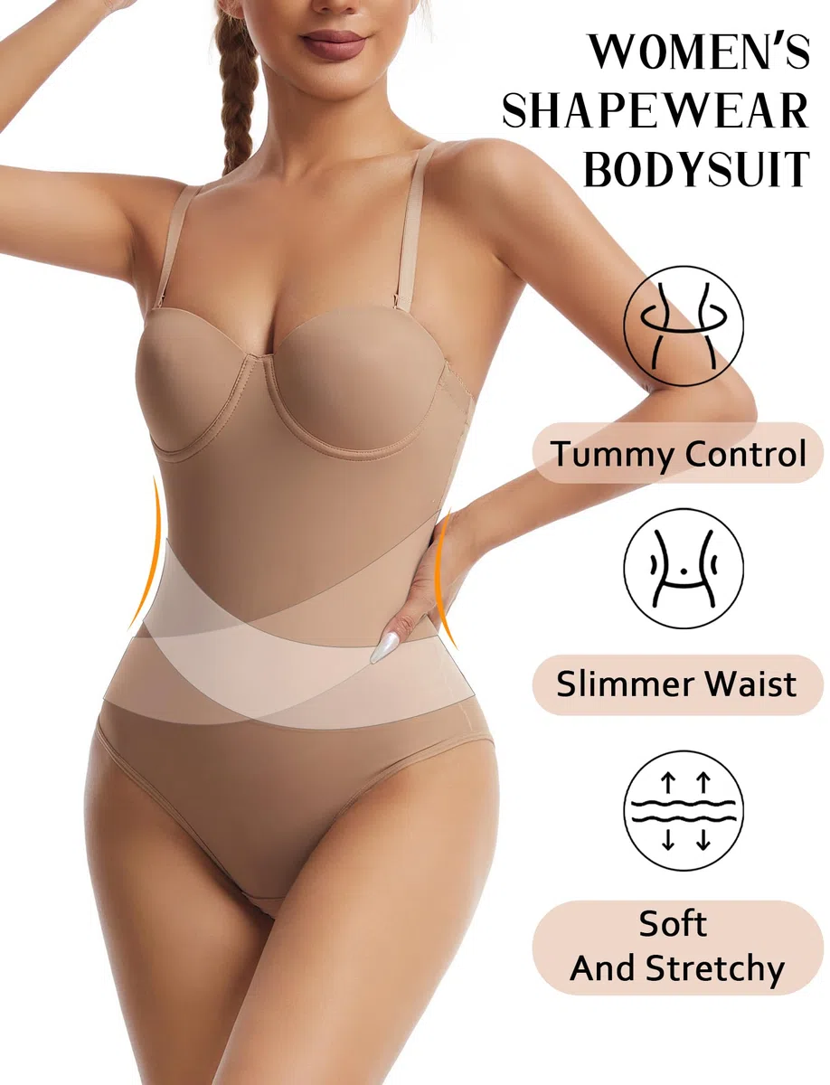 FEOYA Body modellante da donna per controllo della pancia, senza spalline, body modellante con reggiseno modellante e spalline rimovibili, schiena bassa, gilet dimagrante
