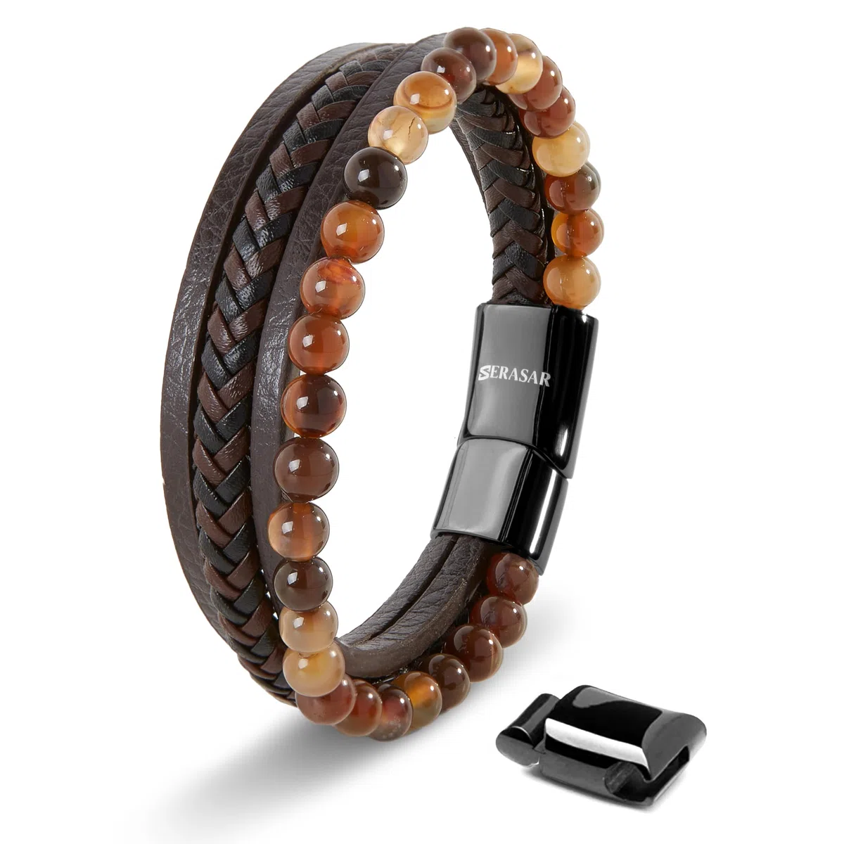 SERASAR | Bracciale Premium da Uomo in Vera Pelle Nera e Marrone | Chiusura Magnetica in Acciaio Inox | Portagioie Incluso | Ottima Idea Regalo