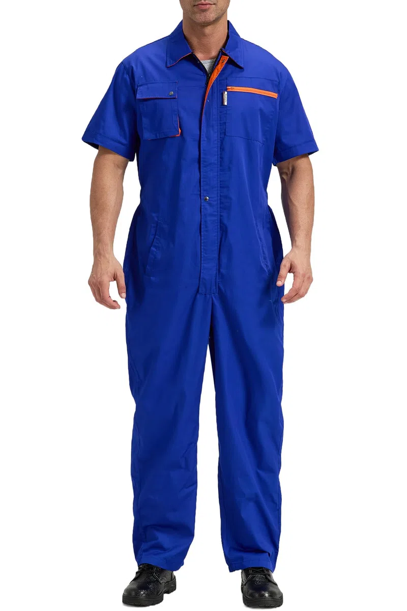 Tuta da Lavoro Intere da Uomo Tute da Meccanico Manica Corta Leggero Tute da Lavoro Estate Traspirante Salopette da Lavoro, Blu, S