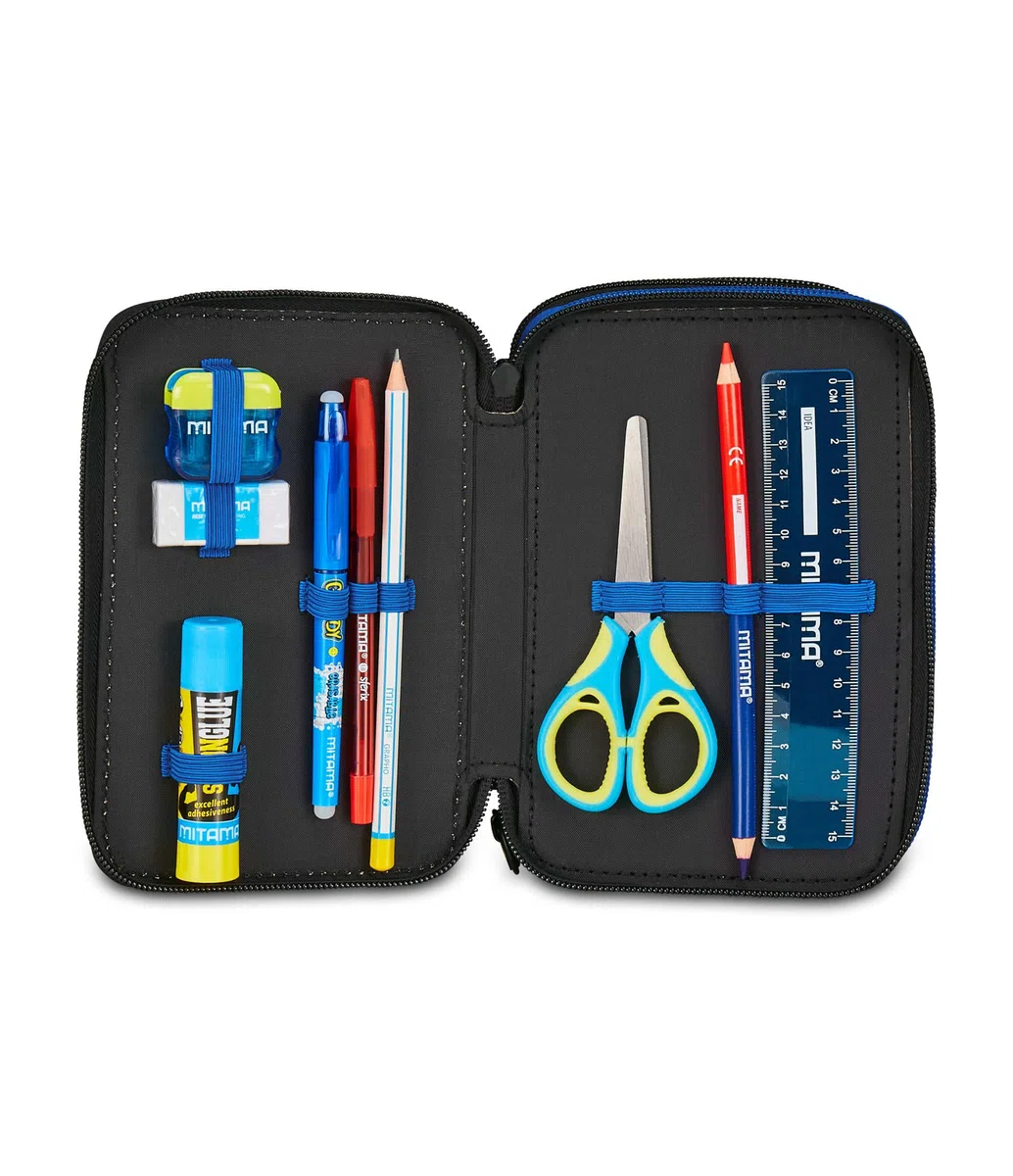 Seven Inter Astuccio Scuola 3 Zip, Blu, Portapenne Triplo Scomparto Completo Di Penne, Matite, Colori, Scuola Elementare, Bambino, calcio