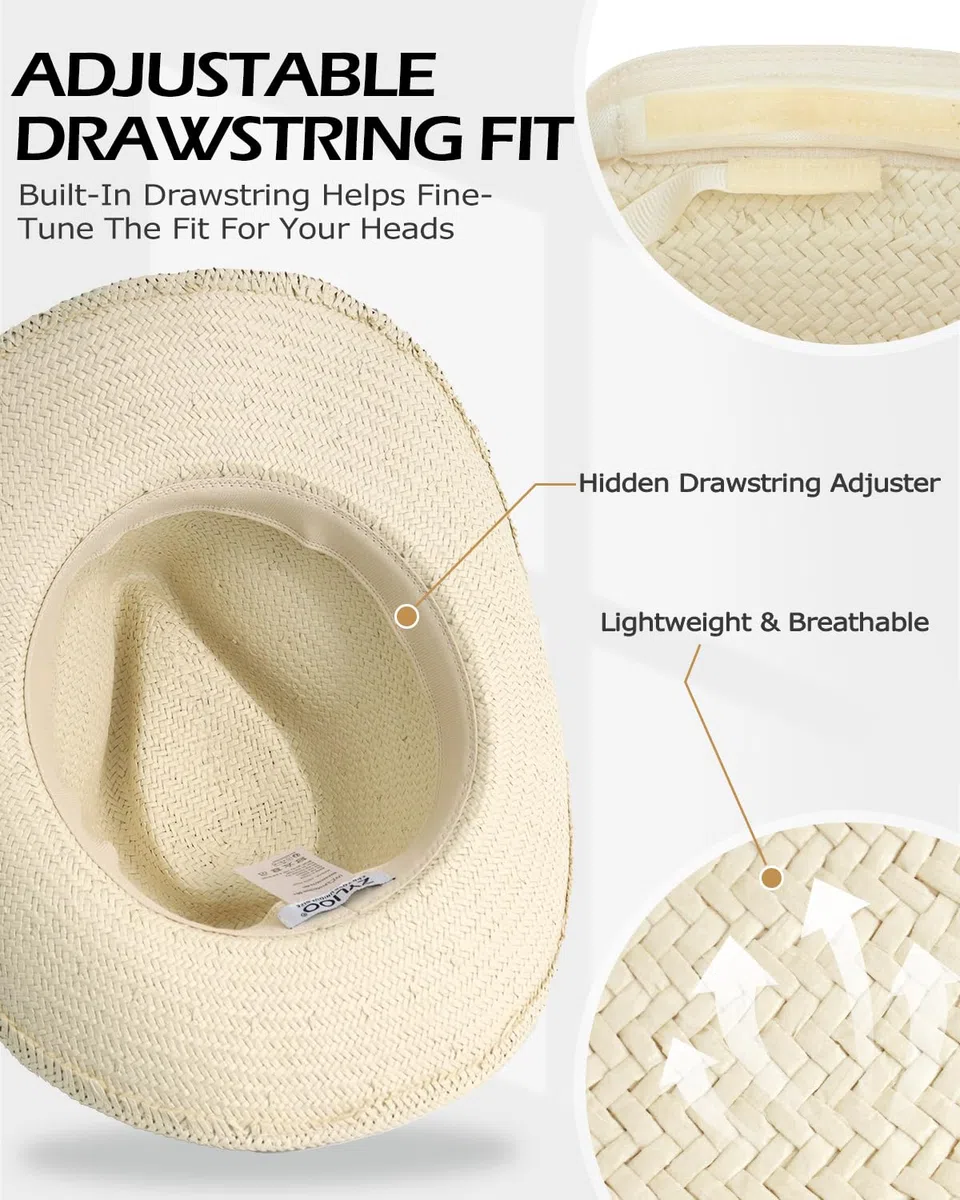 Zylioo Cappello da cowboy di paglia XXL, cappello da cowgirl occidentale di grandi dimensioni, cappelli da sole estivi di paglia a testa grande, cappelli da viaggio leggeri da spiaggia
