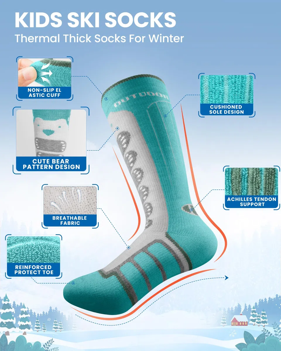 OutdoorMaster Calzini da Sci per Bambini, Confezione da 2 Calzini Termici a Compressione Invernale in Lana Merino con Ragazzi e Ragazze, Polsino Antiscivolo sopra Il Polpaccio per Sci, Snowboard