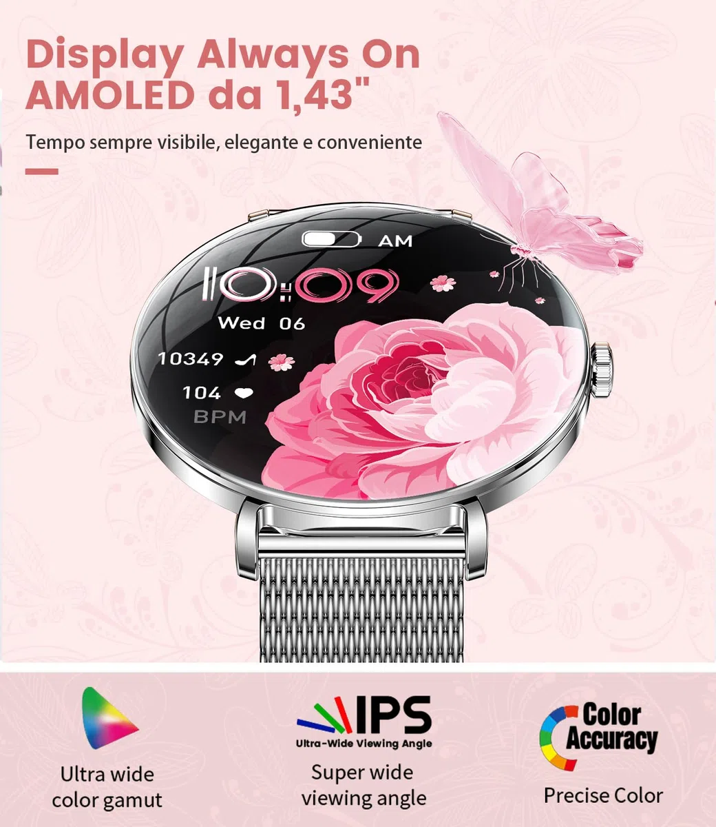 LIGE Smartwatch Donna con Chiamate,1,43" AMOLED Orologio Fitness Ultra Sottile con 2 Cinturini, 100+ Modalità Sportive, 24H Cardiofrequenzimetro, Monitoraggio Sonno, Ciclo Mestruale per Android iOS