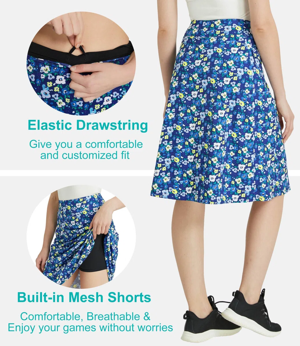 Midi Gonna Pantalone Donna de Tennis Golf Sportivi Gonna al Ginocchio da Corsa con Pantaloni Interni e Tasche Modesta Lunga Skort 2 in 1(Fiori Blu,XXL)