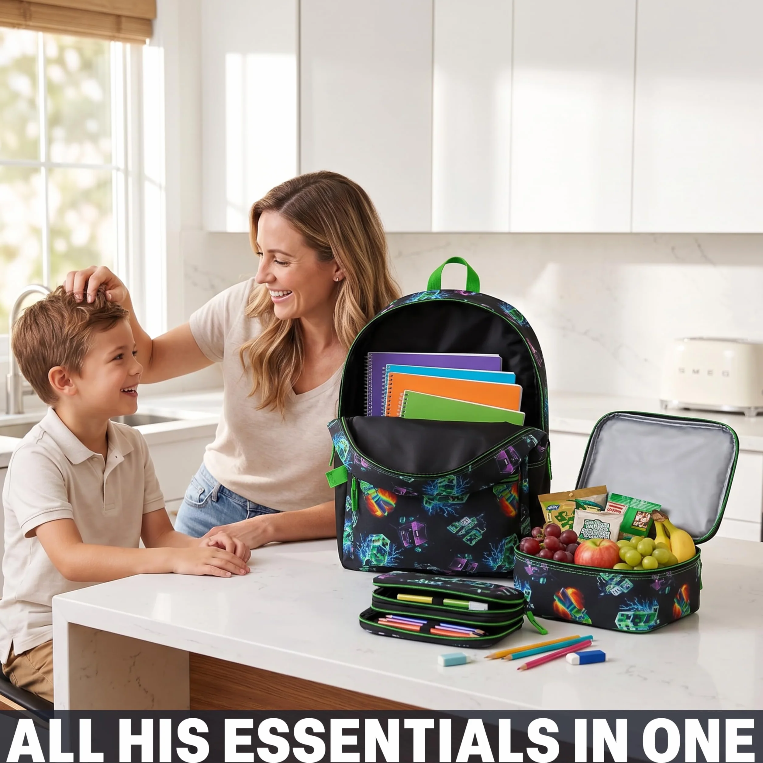 Get Trend Minecraft 3 Pezzi Capiente Zaino Ragazzo Set con Borsa Termica Porta Pranzo e Astuccio 2 Scomparti per la Scuola e il Tempo Libero (Multi Creeper)