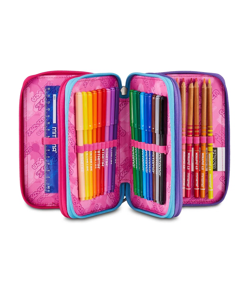 Seven Astuccio Scuola Elementare, 3 scomparti, Medie, con Matite, Pennarelli, Penne, 3 Zip, Purple Flare, Bambina e Ragazza, rosa/nero