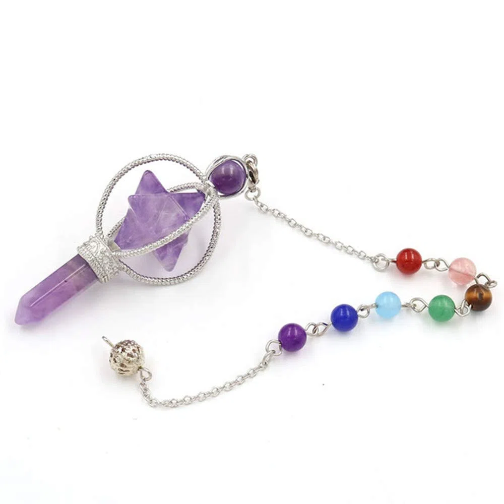 Perline Argento Cristallo Quarzo Rotante Merkaba Simbolo Ciondolo Pendolo Scettro Guarigione Rabdomante (Ametiste Viola)