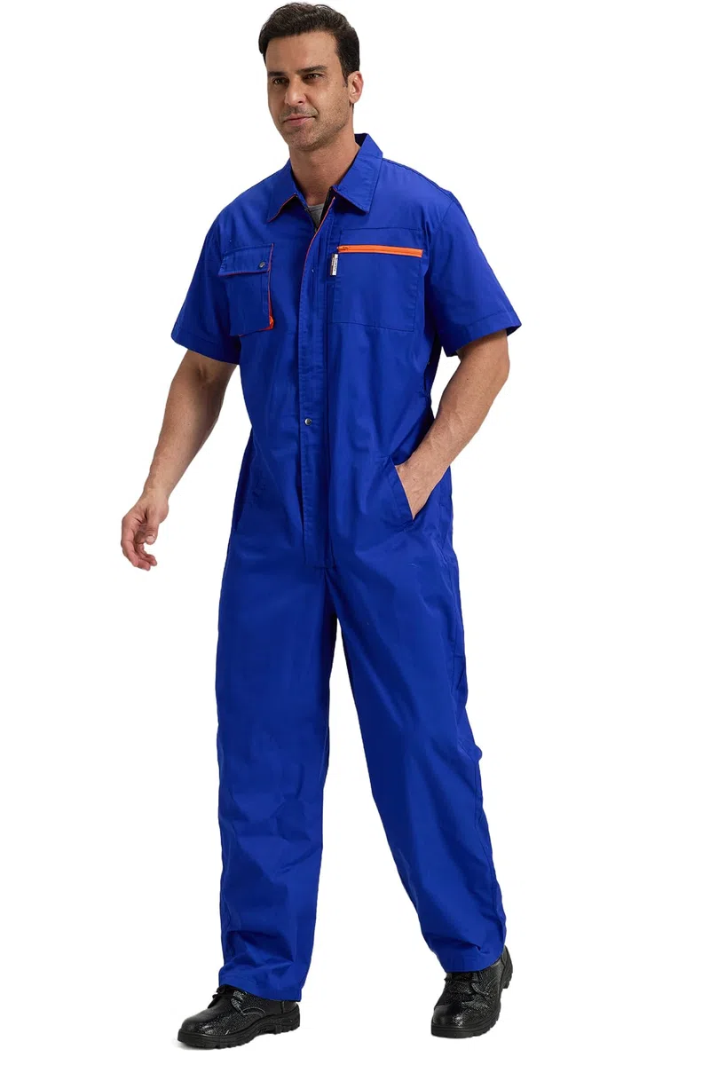 Tuta da Lavoro Intere da Uomo Tute da Meccanico Manica Corta Leggero Tute da Lavoro Estate Traspirante Salopette da Lavoro, Blu, S