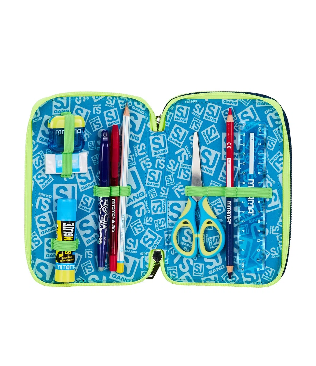 SJ GANG STYLE JAM GANG Astuccio Scuola 3 Zip, Blu, Fluo Snow, Portapenne Triplo Scomparto Completo Di Penne, Matite, Colori, Accessori Zaino, Elementari, Medie, Bambino
