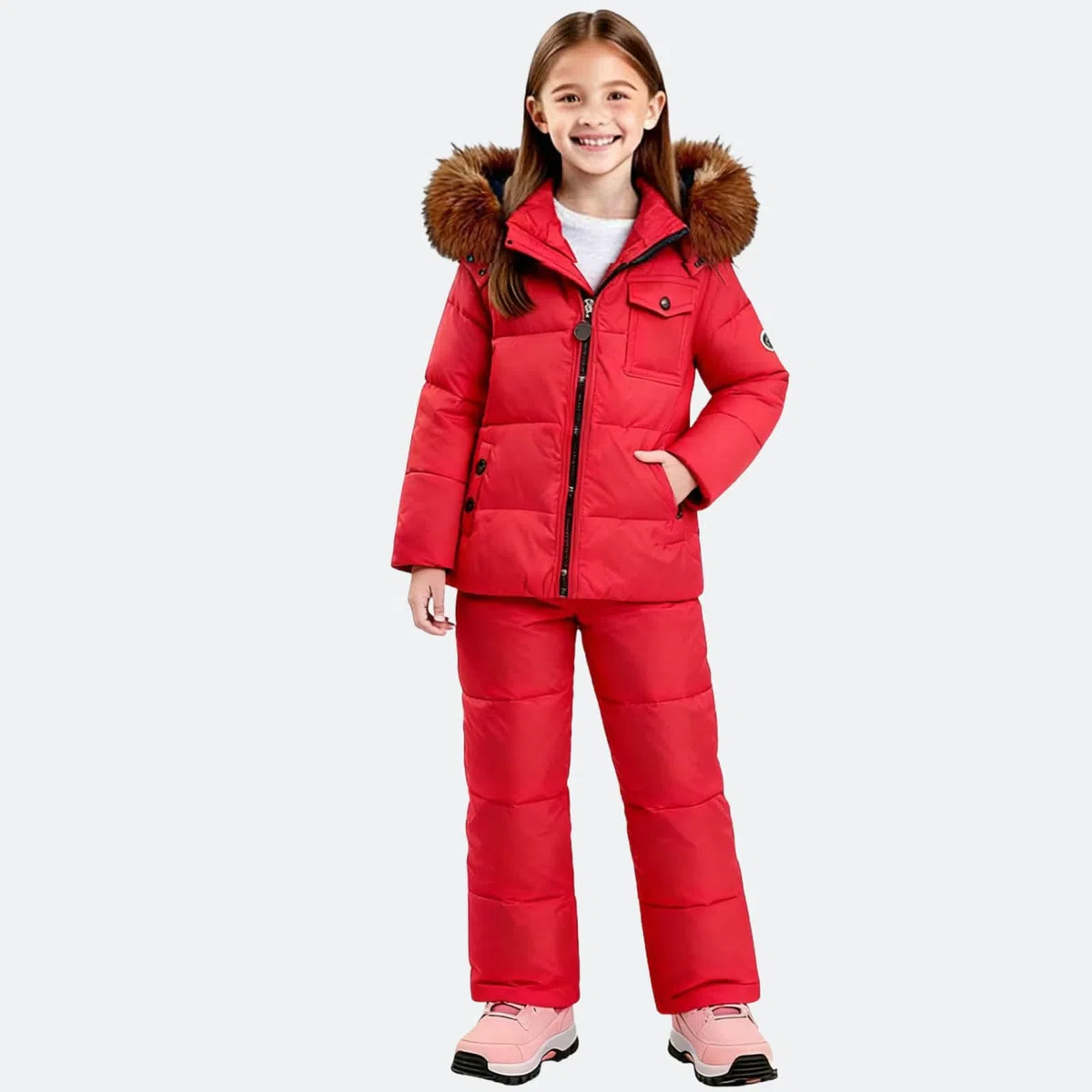 KHIRVWL Completo Sci Bambino 2 Pezzi Piumino Cappuccio Colletto in Peluche + Salopette Tuta da Sci Termica Inverno Calda Neve Antivento Tuta Invernale con Muta Sfoderabile Outdoor Softshell Snowboard