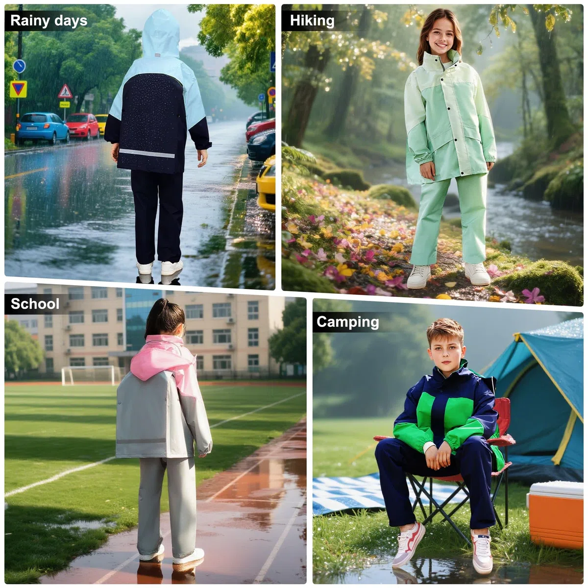 JinBei Tuta Impermeabile Ragazze Ragazzi, Leggero Tuta Pioggia con Cappuccio Bambina Pantaloni e Giacca Antipioggia Impermeabili Completo con Strisce Riflettenti per Scuola Camping 8-14 Anni