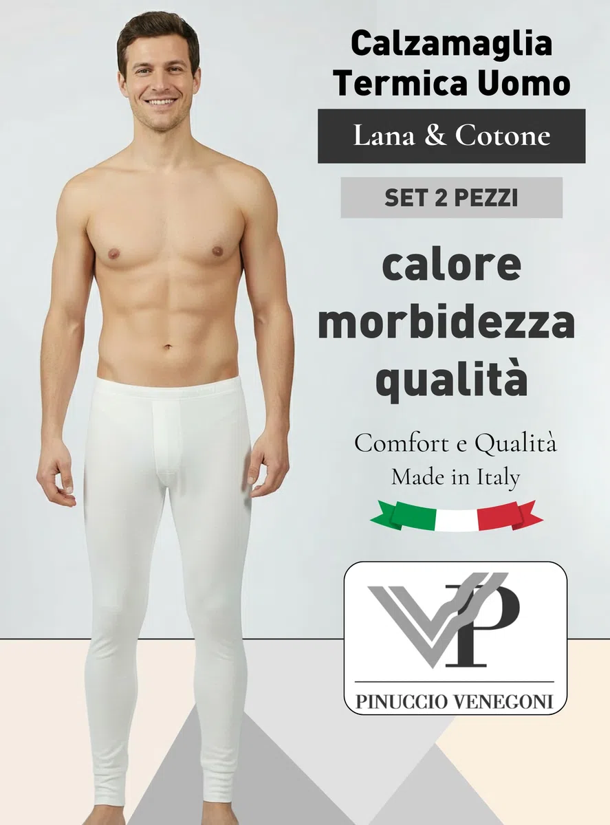 VP PINUCCIO VENEGONI Set 2 Mutande in Lana e Cotone | Calzamaglia Termica Uomo Made in Italy, Intimo Invernale con Polsino, Boxer Lunghi