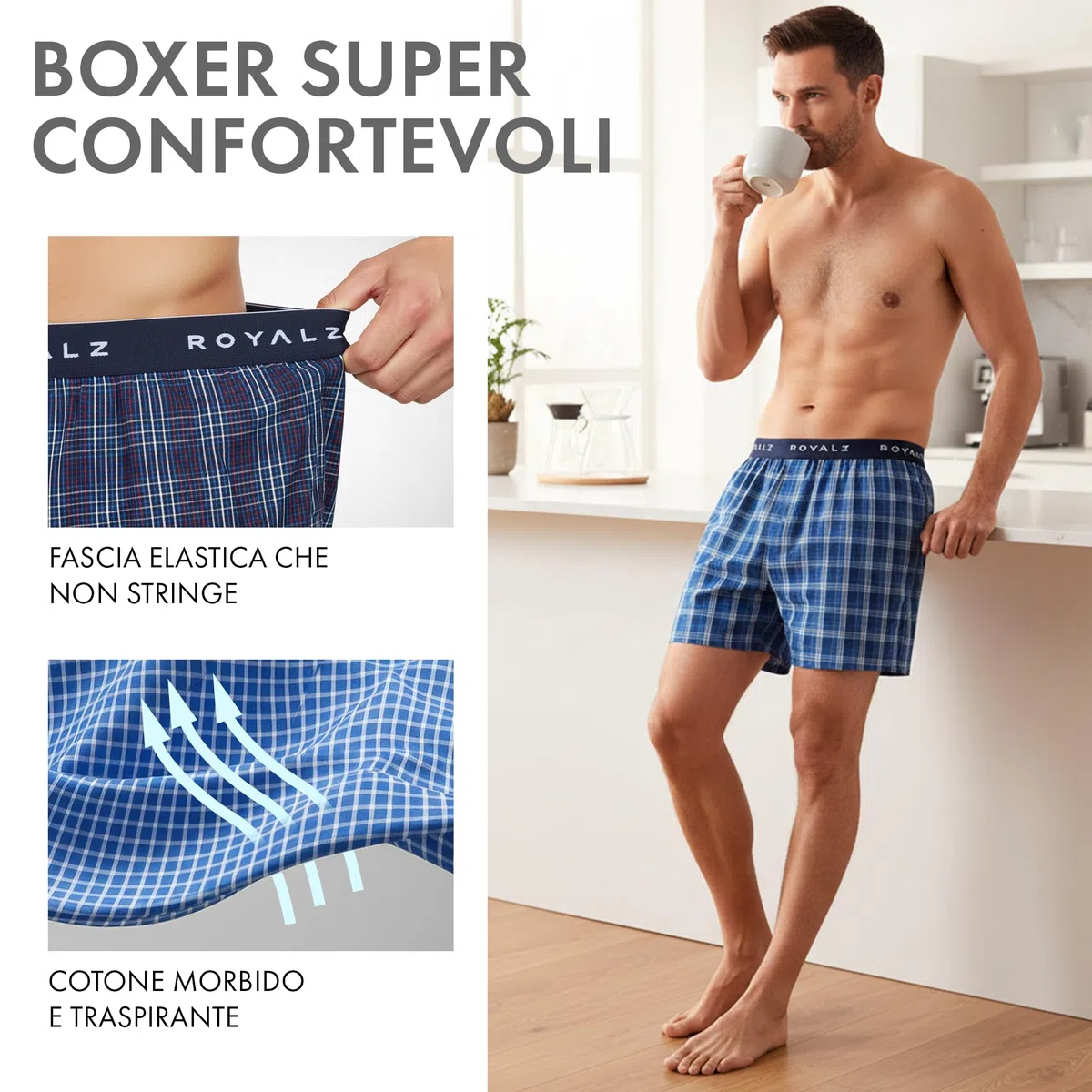 ROYALZ Boxer Uomo Cotone 100 per Cento (Confezione da 5 Pezzi) - Mutande Boxer Americani Uomo Larghi - Briefs Intimo con Motivo a Quadri Blu