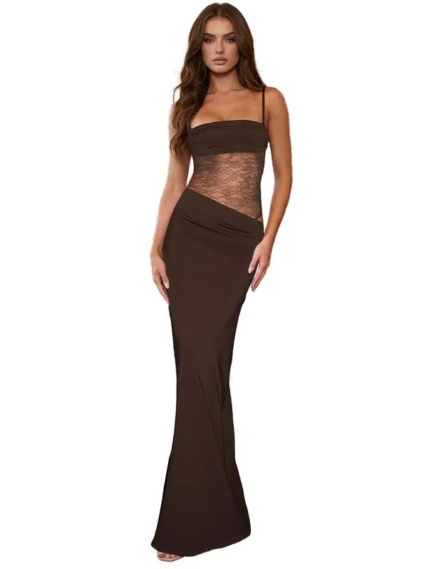 Vestito Lungo Donna Sexy Spaghetti Strap Abito in Pizzo Patchwork Estivo Senza Maniche Collo Quadrato Vestiti Elegante Aderente Maxi Abiti con Spacco per Sera Cerimonia Festa Cocktail
