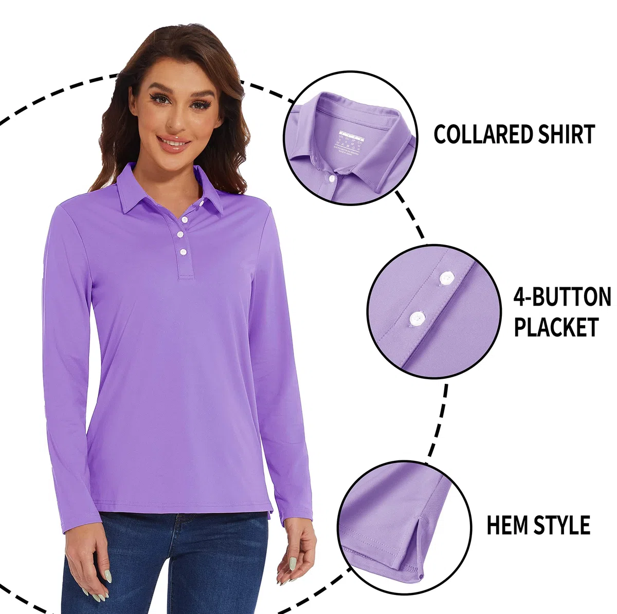 TACVASEN Polo da donna a maniche lunghe da golf, ad asciugatura rapida, leggera, con protezione solare UPF 50+, con 4 bottoni