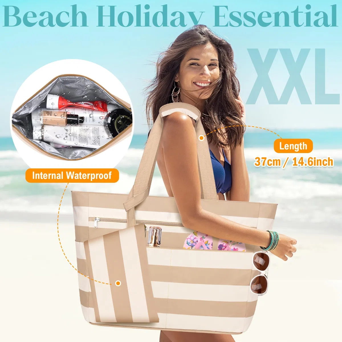 Borsa Spiaggia Donna Grande XXL Famiglia Borsa Mare Impermeabile Borsa Piscina Beach Tote Bag Pieghevole Borse da Viaggio Tracolla Borse da Spiaggia con Cerniera & Multicomparto