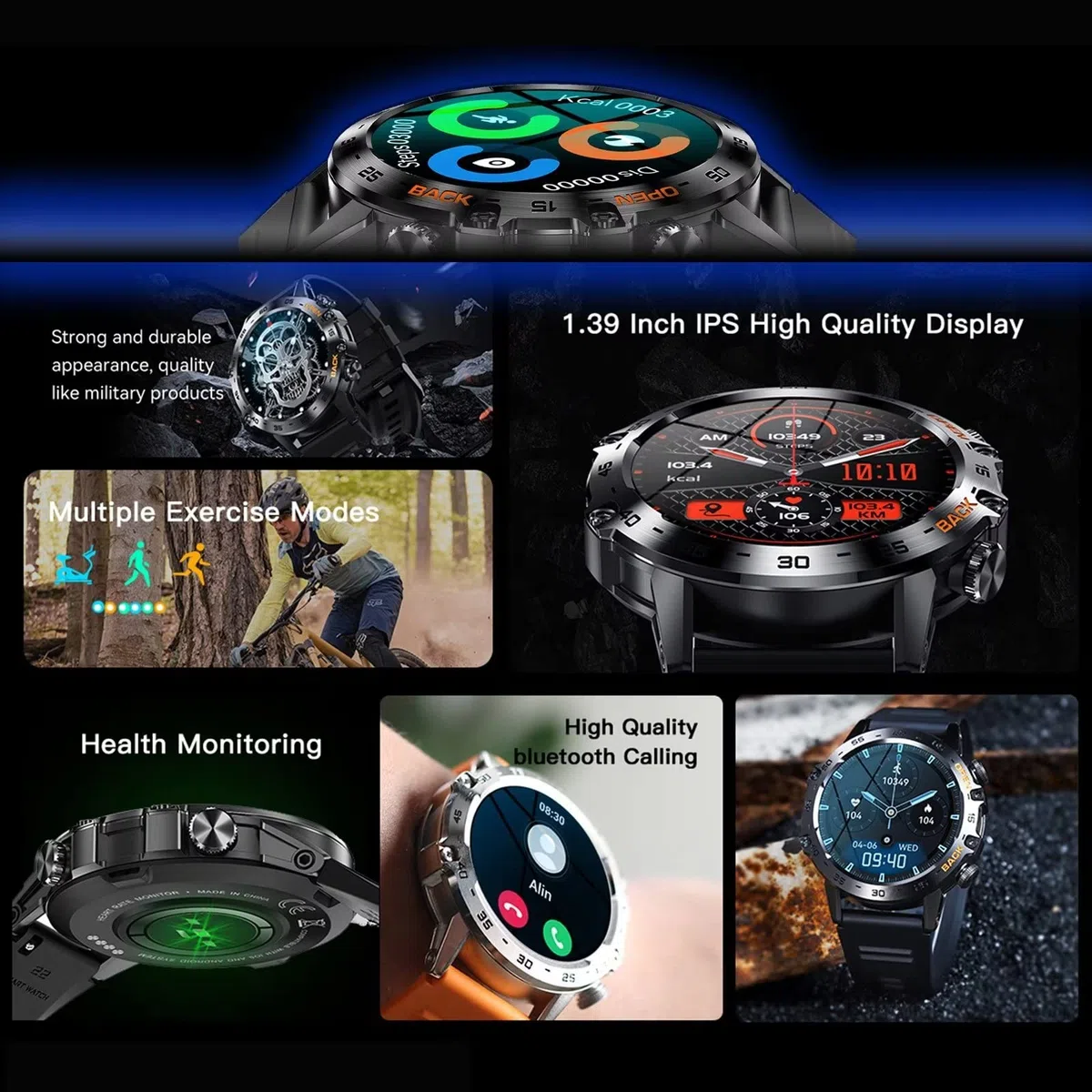 Smart Watch, smartwatch militare Bluetooth da uomo, oltre 100 modalità sportive, alla moda, per fitness, frequenza cardiaca, pressione sanguigna, monitoraggio dell'ossigeno nel sangue,