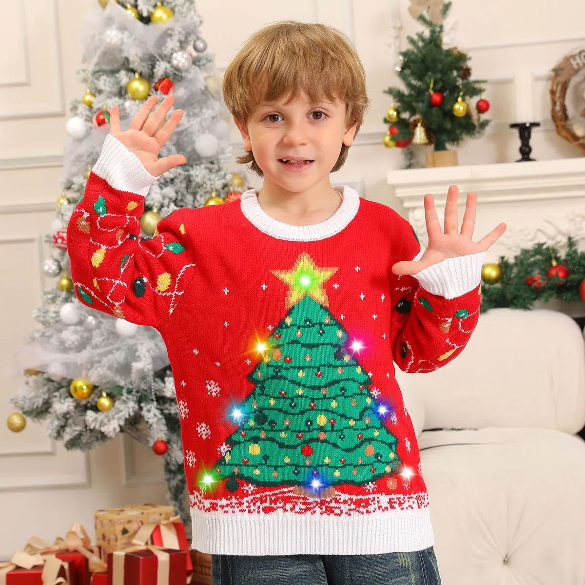 Kouric Maglione Natalizio Uomo con Luci, Maglione Natalizio Donna Divertenti, Girocollo Maglioni Natalizi Famiglia LED Ugly Christmas Sweater, Brutti Maglioni di Natale per Uomo/Donna/Coppia/Bambino