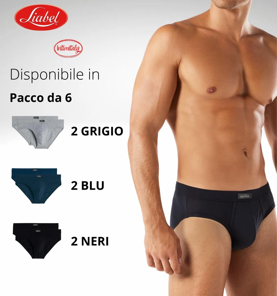 Liabel - Slip Uomo Cotone (Pacco da 6) Bielastico - Mutande Uomo in Cotone Elasticizzato - Intimo Mutande Uomo Colorate alla Moda Bianchi Neri Grigio LS2200