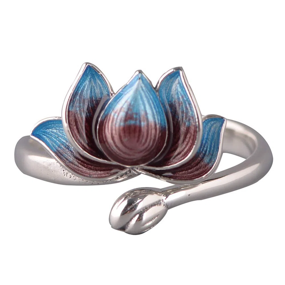 Anello aperto fiore di loto smaltato in argento sterling 925 per donna e ragazza regolabile