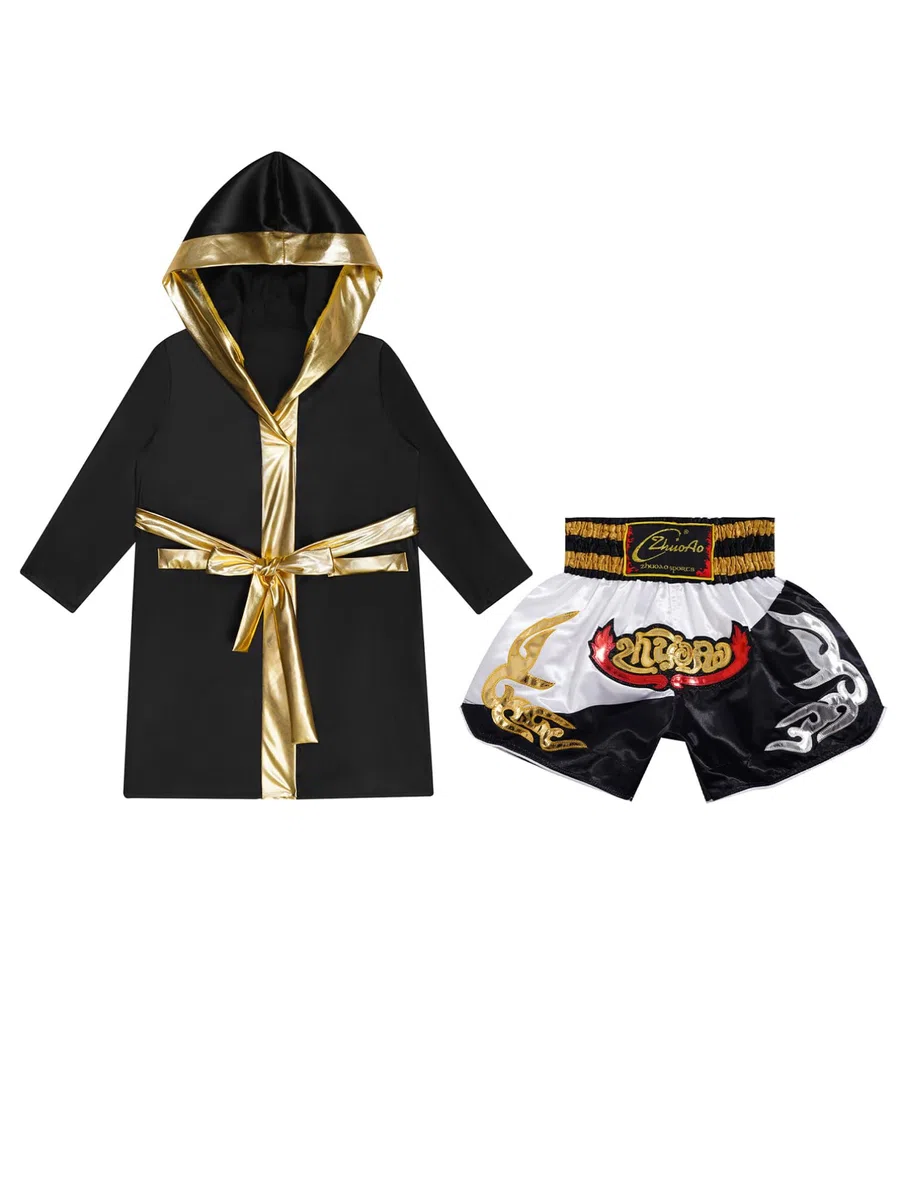 YiZYiF Costume da Pugile da Bambini e Ragazzi Boxe Outfit Manica Lunga Robe +Pantaloncini Kick Boxing per Arti Marziali