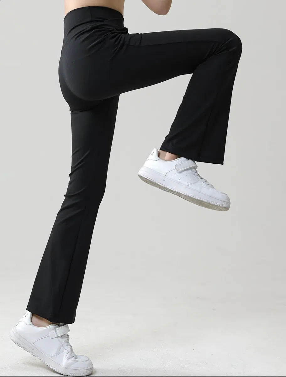 Pantaloni da yoga da bambina a vita alta Bootcut Pantaloni da danza in tinta unita per 5-12 anni, nero, 9-10 Anni