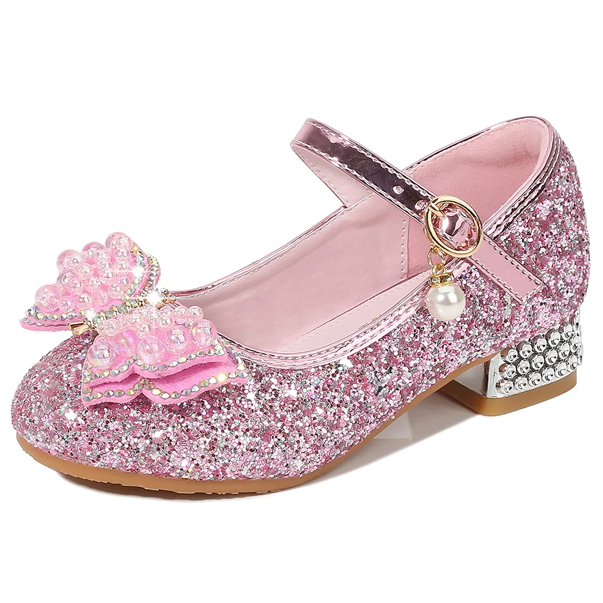 Principessa Scarpe con Tacco da Bambine e Ragazze con Fiocchi Scarpe da Principessa con Paillettes Ragazza Ballerine Glitterate Scarpe Eleganti Partito e Carnevale，Rosa