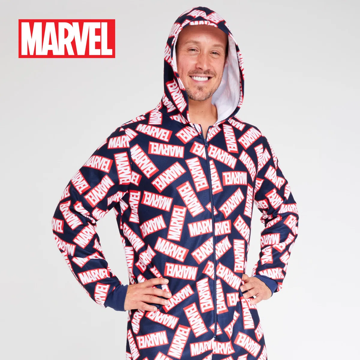 Marvel Pigiama Intero Uomo - Caldo Pigiamone in Pile con Cappuccio e Zip S-2XL - Pigiami Invernali Interi Avengers Gadget Regalo