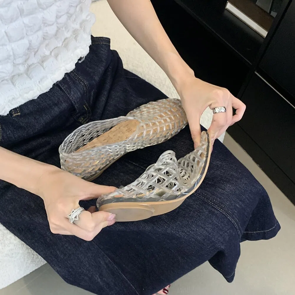 Donna Jelly Flats Moda Slip-on Flats Punta Quadrata Spiaggia Jelly Scarpe Leggero Casual Sandali Piatti Traspirante per Viaggi All'aperto