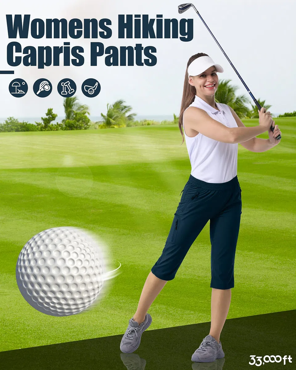 33,000ft Pantaloni da donna a 3/4 Capri elasticizzati, leggeri, da ciclismo, estivi, da golf