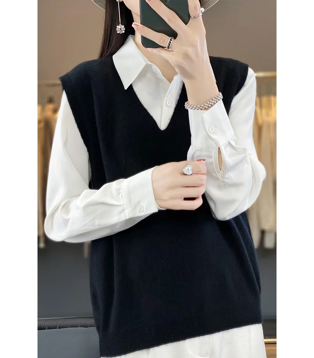 Maglione da donna con scollo a V, in 100% lana merino, leggero, senza maniche, gilet di base, top corti