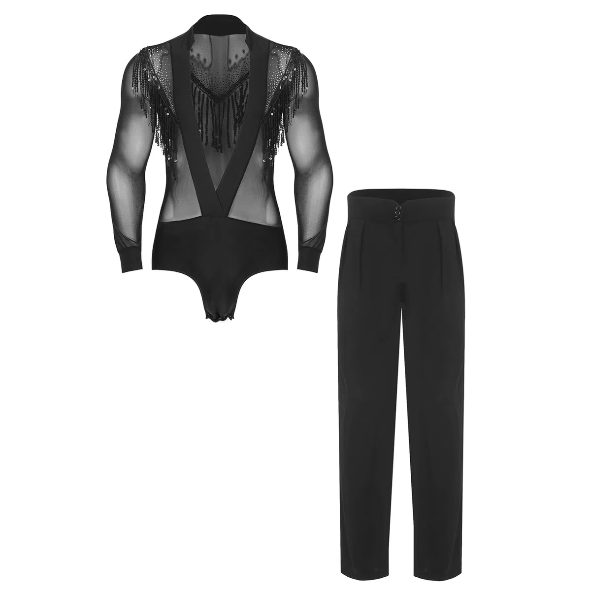 Jugaoge Camicia da uomo a maniche lunghe, body da danza, scollo a V, body da ginnastica con pantaloni lunghi, abbigliamento classico