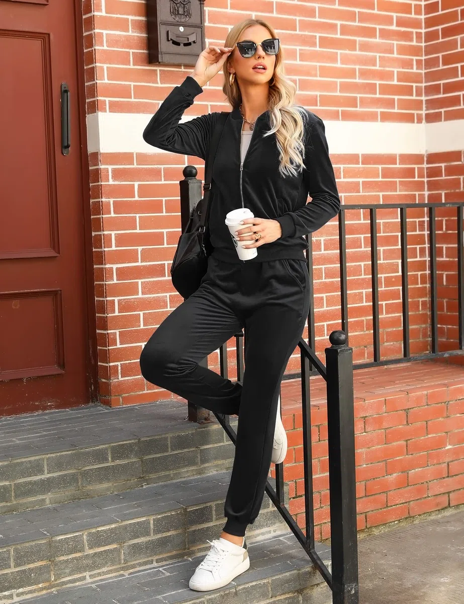 Irevial Tuta Sportiva Donna Velluto Tuta da Ginnastica Due Pezzi Casual Casa Pigiama Set con Giacca a Zipper e Pantaloni Lunghi Primavera Autunno Training Sportwear Comoda