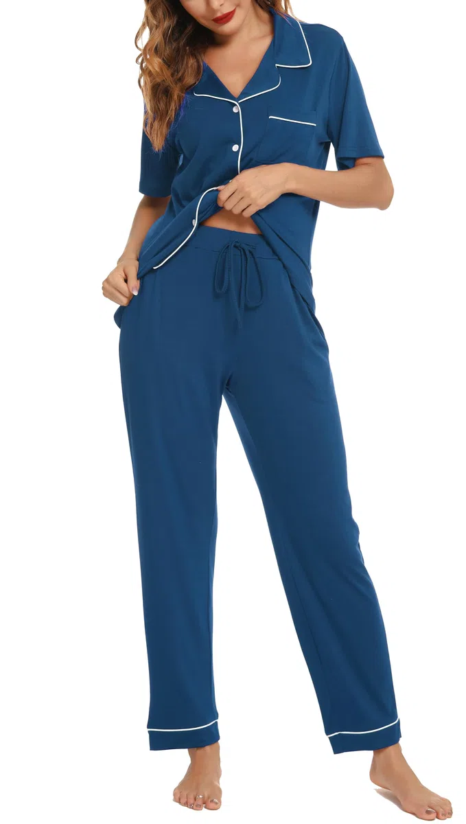 Lovasy Pigiama Donna Estivo Set,Corta Pigiama Camicia con Bottoni sul Bavero Comodo Pantaloni Lunghi Traspiranti Pigiama da Casa Casual in Due Pezzi S-XXL