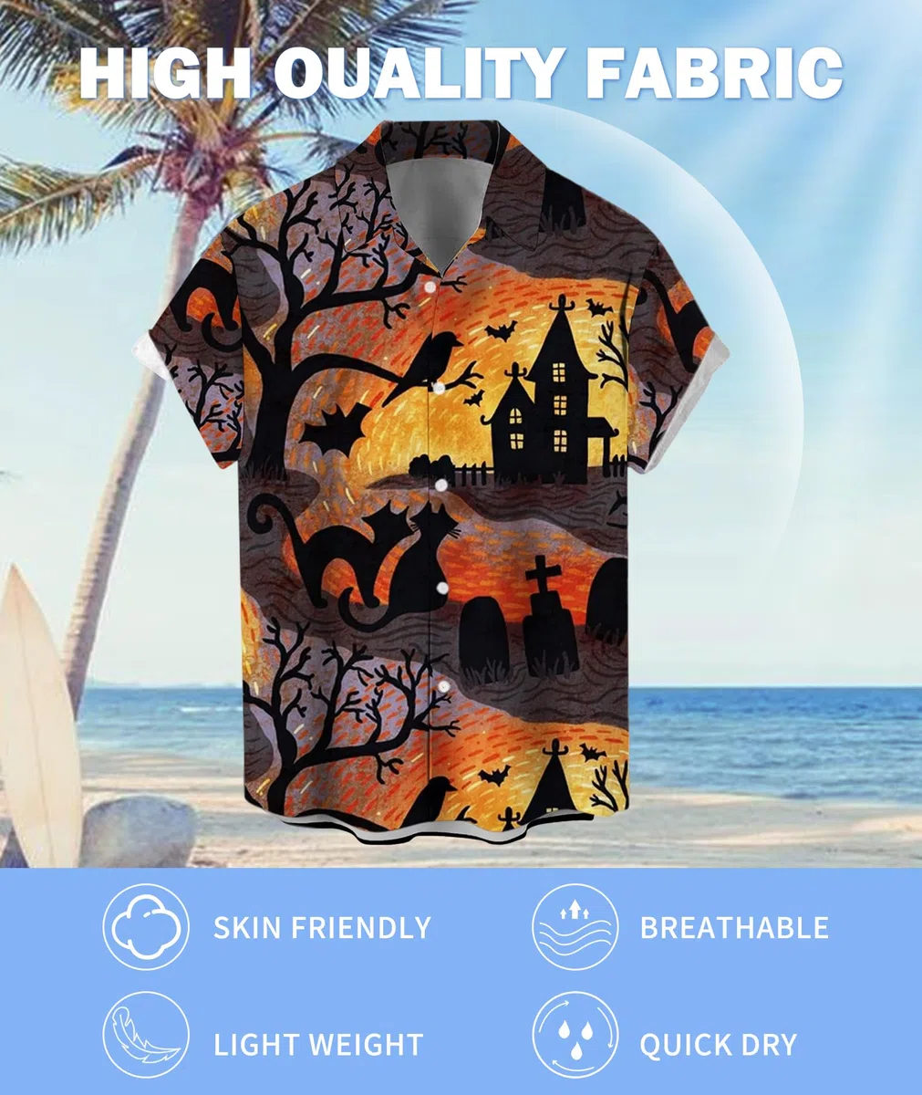 Deer Lady 2025 Halloween Button Down Camicie per gli uomini Divertenti Zucche Hawaiian Manica Corta Casual Bowling Shirt
