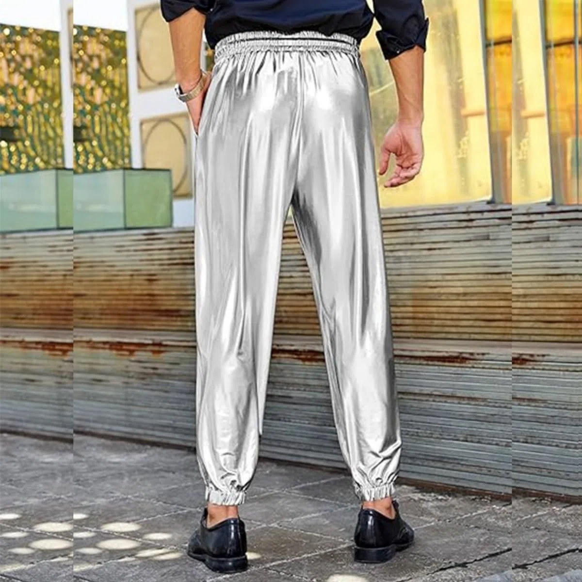 Pantaloni lucidi da uomo, pantaloni da discoteca con coulisse in vita metallizzata con tasche, vita media, in finta pelle, ologramma, hip hop, pantaloni elastici a lunghezza intera, look bagnato, per