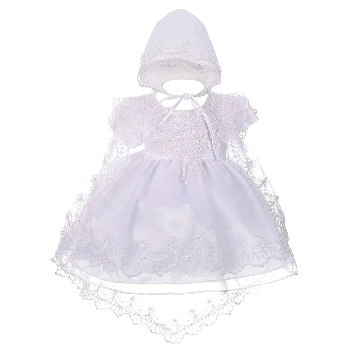 Lito Angels - Abito da Battesimo per Bambina, con Perline Bianche, con Mantello e Cappellino Ricamati, età 0-24 Mesi, Avorio