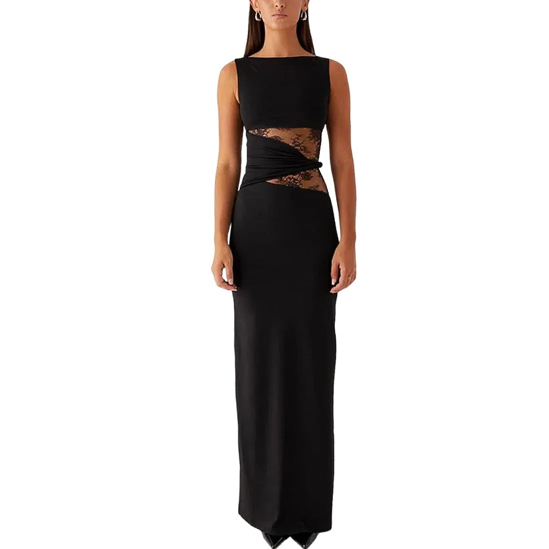 Abito Lungo Donna Maxi Vestito Sexy Senza Maniche Aderente Abito Elegante in Pizzo Floreale Patchwork Abiti da Festa Bodycon con Scollo Rotondo per Discoteca Cocktail Nozze Club Cerimonia