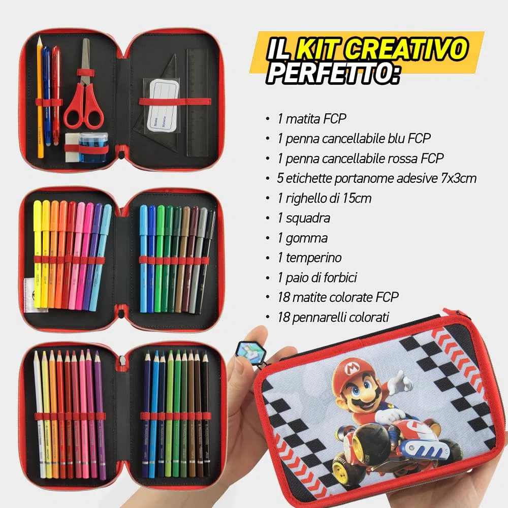 MARIO KART - Astuccio Scuola Ufficiale Mario Kart, Astuccio 3 Scomparti con Set Cancelleria Incluso, Penna Cancellabile Blu, 5 Etichette Adesive, Pratica Chiusura a Zip, 20x13Hx7 cm