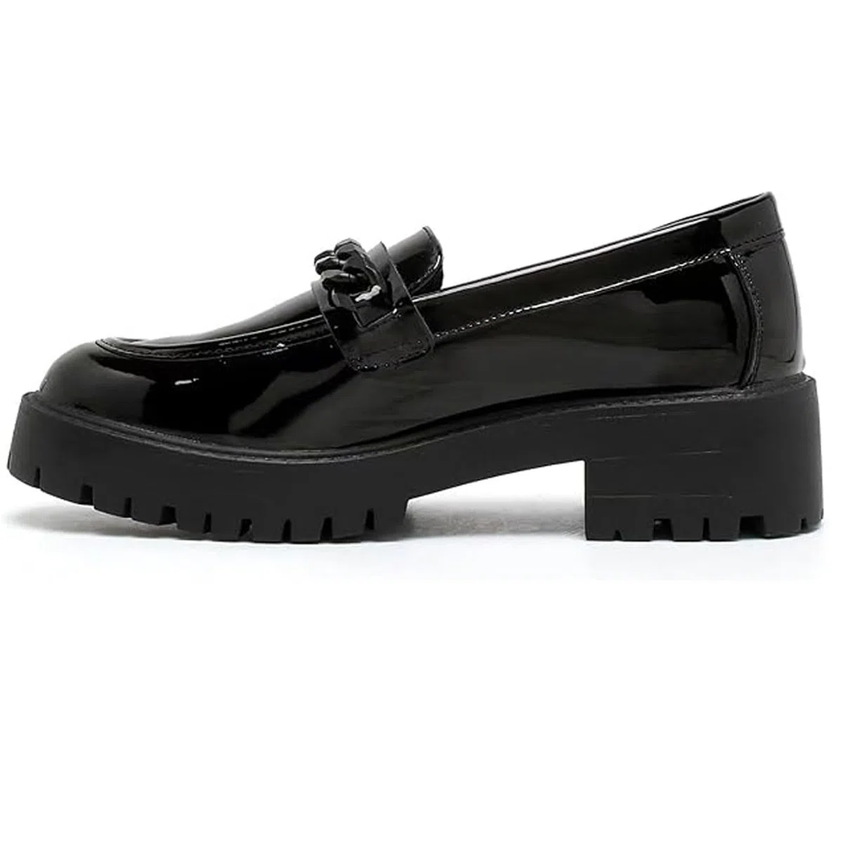 Scarpe da scuola per ragazze, eleganti mocassini in vernice nera con dettaglio a catena, suola antiscivolo, comode scarpe per il rientro a scuola per adolescenti