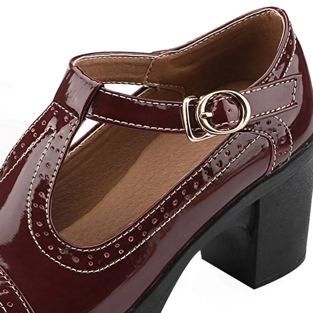 ANUFER Donna Medio Tacco a Blocco T-Cinghia Brogues Pumps Mary Janes Uniforme Ufficio Scarpe da Sera