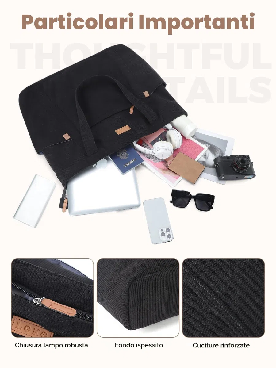 Borsa Tote Bag Università Donna Grande Capiente, Borsa a Tracolla Donna in Velluto a Coste con Cerniera, Borse Spalla Porta PC 15.6 Pollici per Viaggo Lavoro Scuola Ufficio Shopping, Nero S