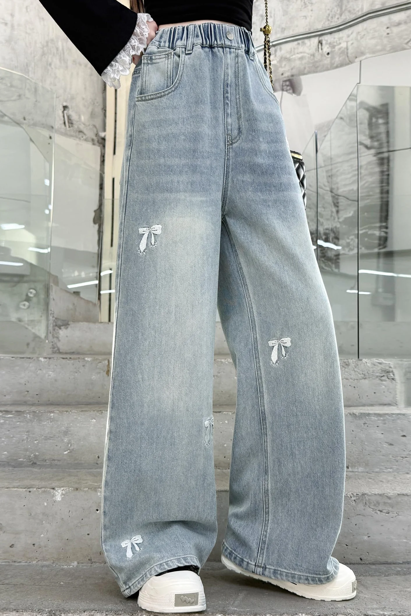Rolanko Jeans Larghi per Ragazze, Vita Alta Elasticizzata Gamba Larga Pantaloni Denim Bootcut per Bambini 6-15 Anni
