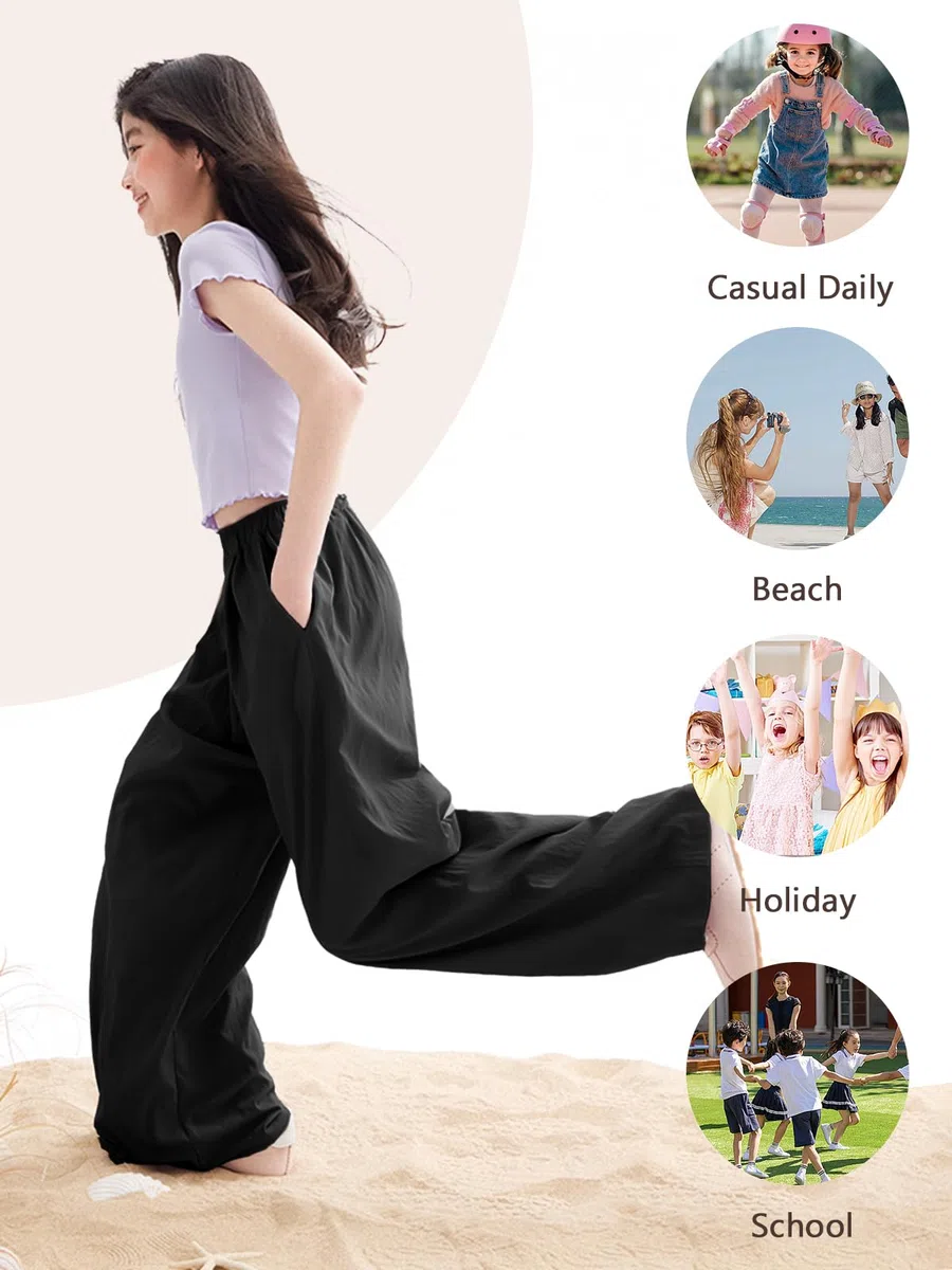 Rolanko Ragazze Pantaloni a Gamba Larga, Flowy Paperbag Pantaloni Palazzo Estivi con Tasche e Vita Elastica per Una vestibilità Ampia