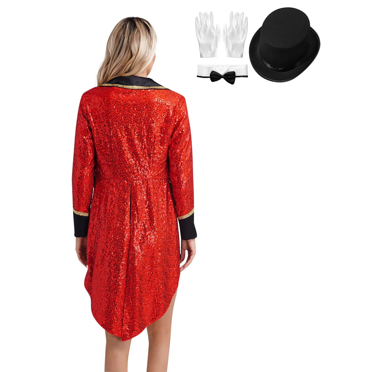 Jugaoge Giacca da donna con direttore del circo con paillettes luccicanti frack festivo risvolto cappotto con guanti, papillon e cappello, per feste di Natale